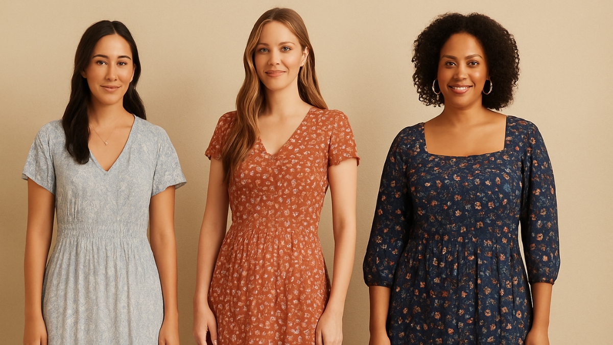 Three women wearing floral Ariat-style dresses standing side by side against a neutral background.