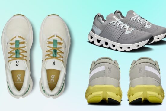 Top view and side view of On Cloud running shoes including Cloudrunner and Cloudswift models for daily training.