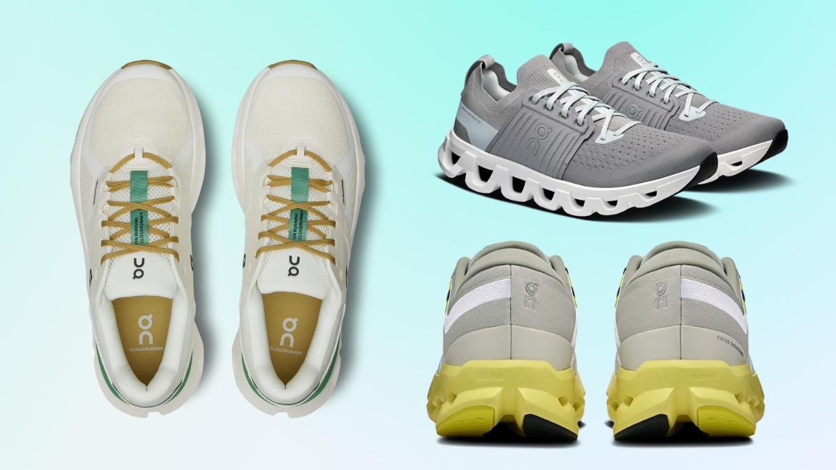 Top view and side view of On Cloud running shoes including Cloudrunner and Cloudswift models for daily training.