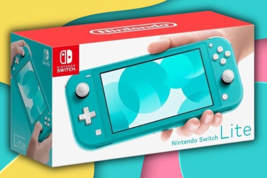 Nintendo Switch Lite console in turquoise shown on its retail packaging, highlighting the handheld design and portable gaming features.