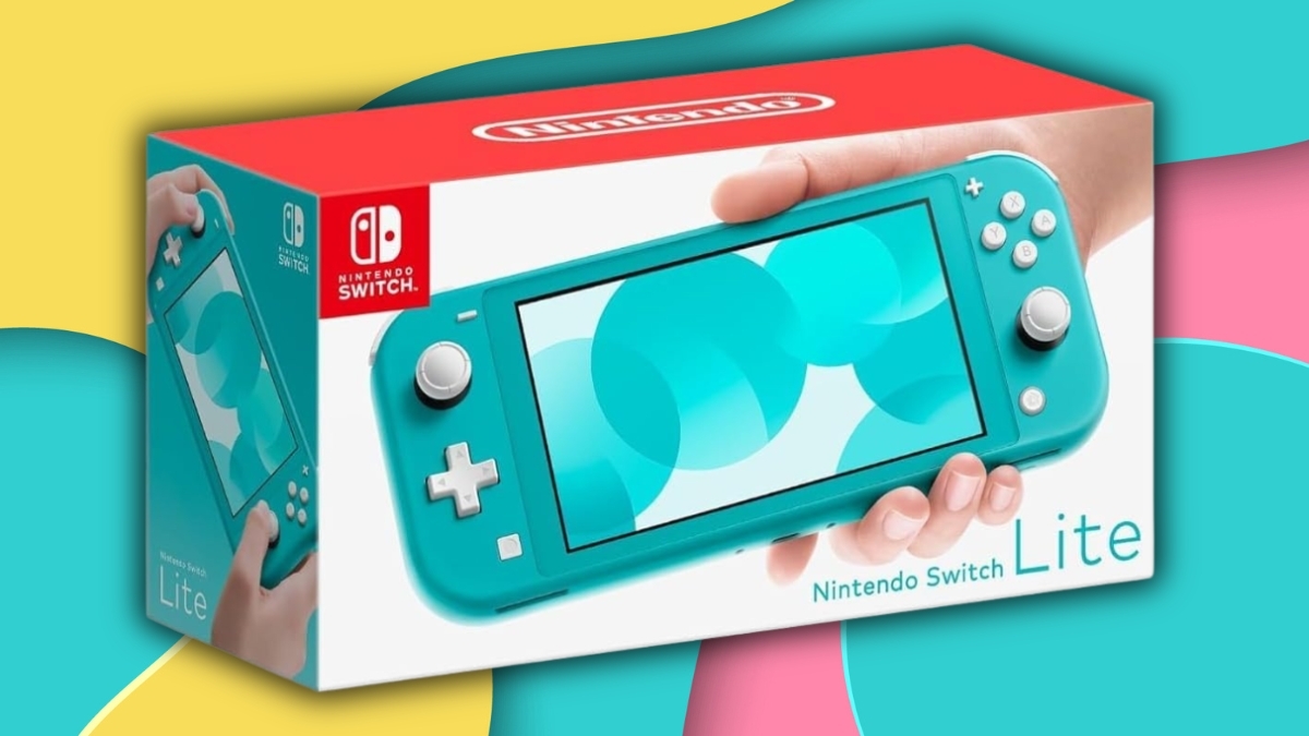 Nintendo Switch Lite console in turquoise shown on its retail packaging, highlighting the handheld design and portable gaming features.