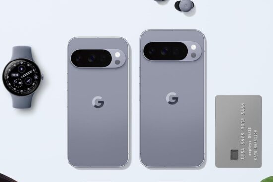 Google Pixel 10 Pro phones in gray color shown with a Pixel Watch, Pixel Buds, and a credit card on a clean flat-lay background.