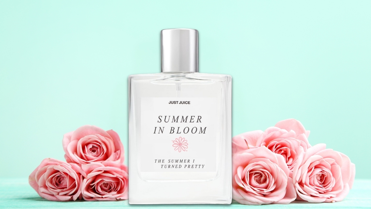 Just Juice Summer in Bloom fragrance inspired by The Summer I Turned Pretty shown with soft pink roses.