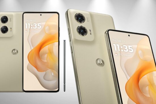 Motorola Moto G Stylus 5G smartphone in beige showcasing its large pOLED display, dual rear cameras, eco-leather finish, and built-in stylus.