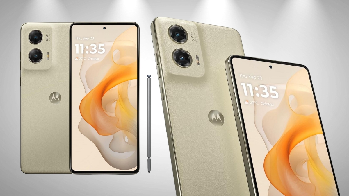 Motorola Moto G Stylus 5G smartphone in beige showcasing its large pOLED display, dual rear cameras, eco-leather finish, and built-in stylus.