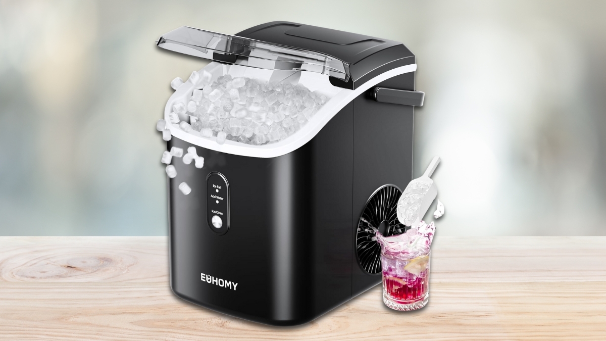EUHOMY Nugget Ice Maker on a countertop producing soft nugget ice with a scoop and chilled drink beside the machine.