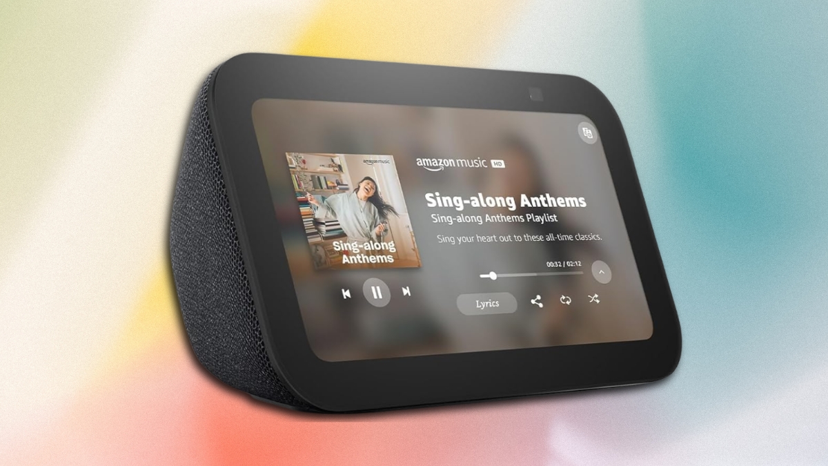 Amazon Echo Show 5 smart display playing music on a compact touchscreen with built-in speaker.