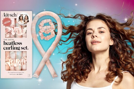 Model with soft curls next to the Kitsch Satin Heatless Curling Set, showing a satin curling rod and matching scrunchies for no-heat styling.