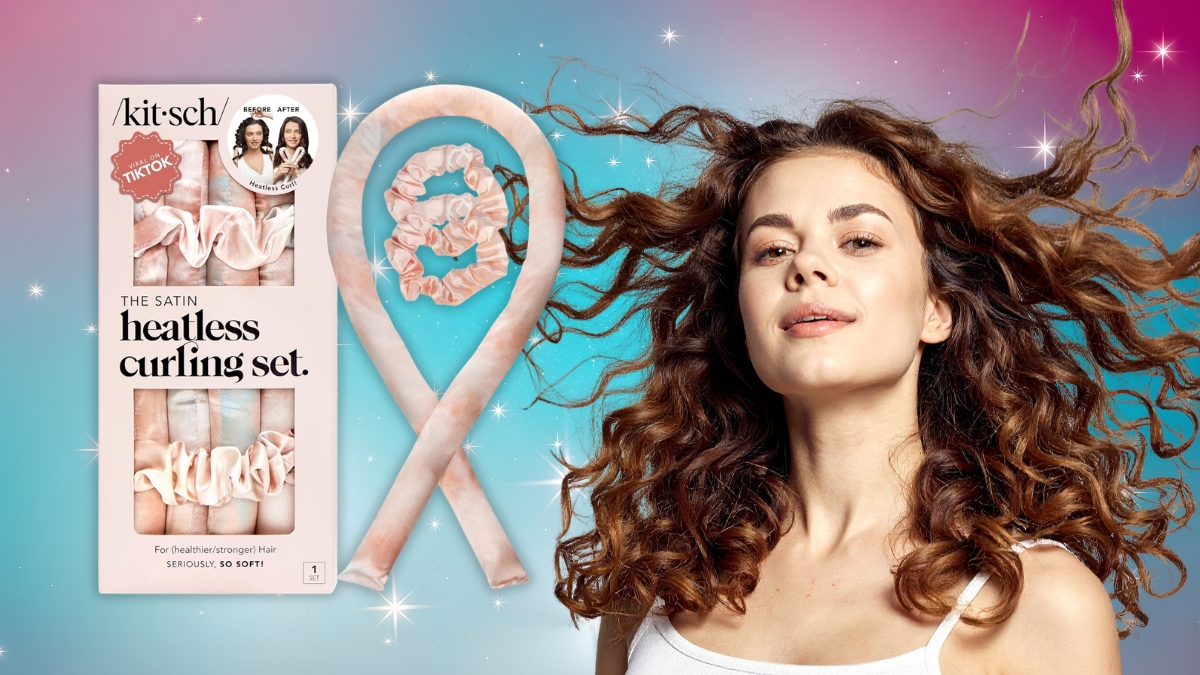 Model with soft curls next to the Kitsch Satin Heatless Curling Set, showing a satin curling rod and matching scrunchies for no-heat styling.