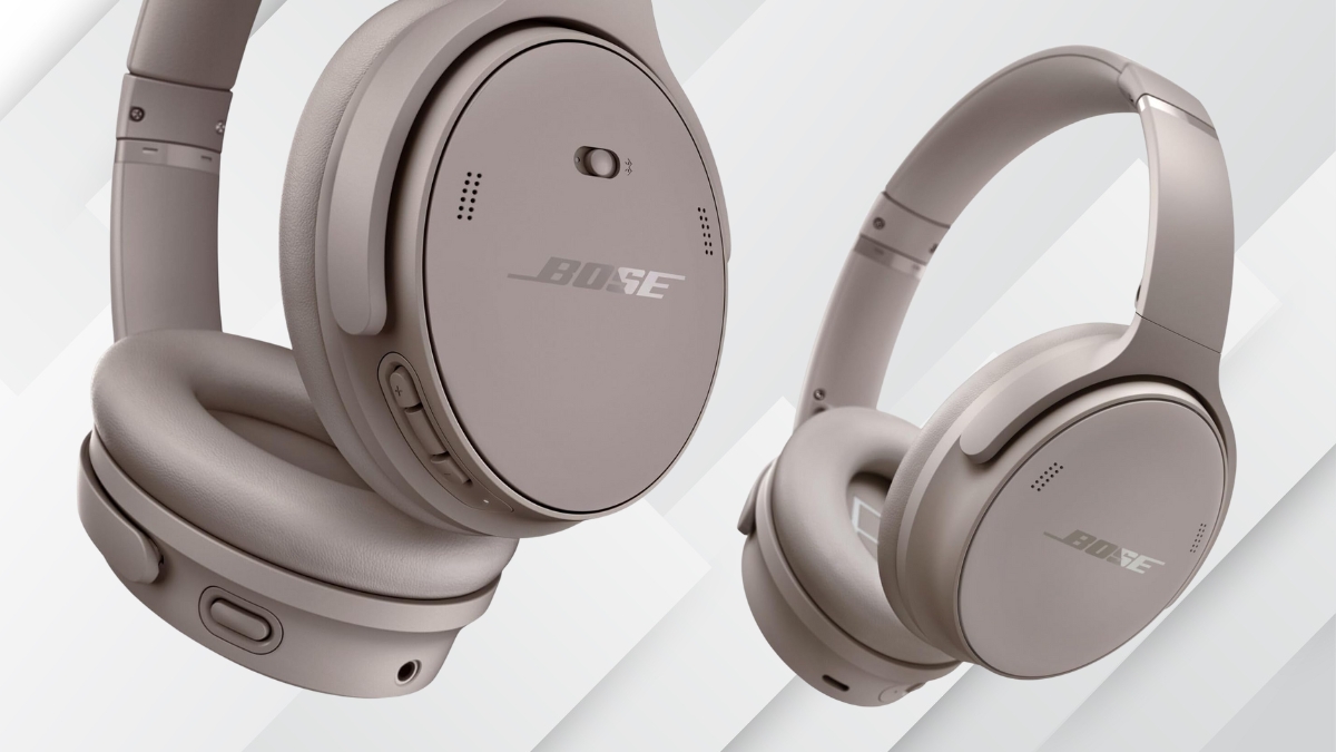 Close-up view of Bose QuietComfort headphones showing the over-ear design and controls for wireless noise cancelling listening.