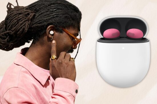 Person wearing Google Pixel Buds Pro 2 wireless earbuds in a soft pink color next to the open charging case, highlighting modern design, compact fit, and premium true wireless audio.