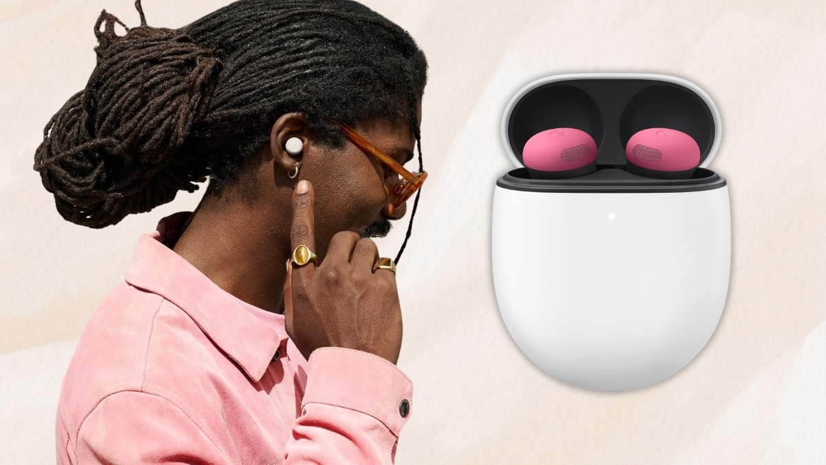 Person wearing Google Pixel Buds Pro 2 wireless earbuds in a soft pink color next to the open charging case, highlighting modern design, compact fit, and premium true wireless audio.
