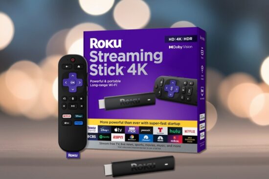 Roku Streaming Stick 4K with voice remote and retail box showing HD 4K HDR and Dolby Vision support, compact streaming device designed for fast Wi-Fi performance and popular streaming apps.