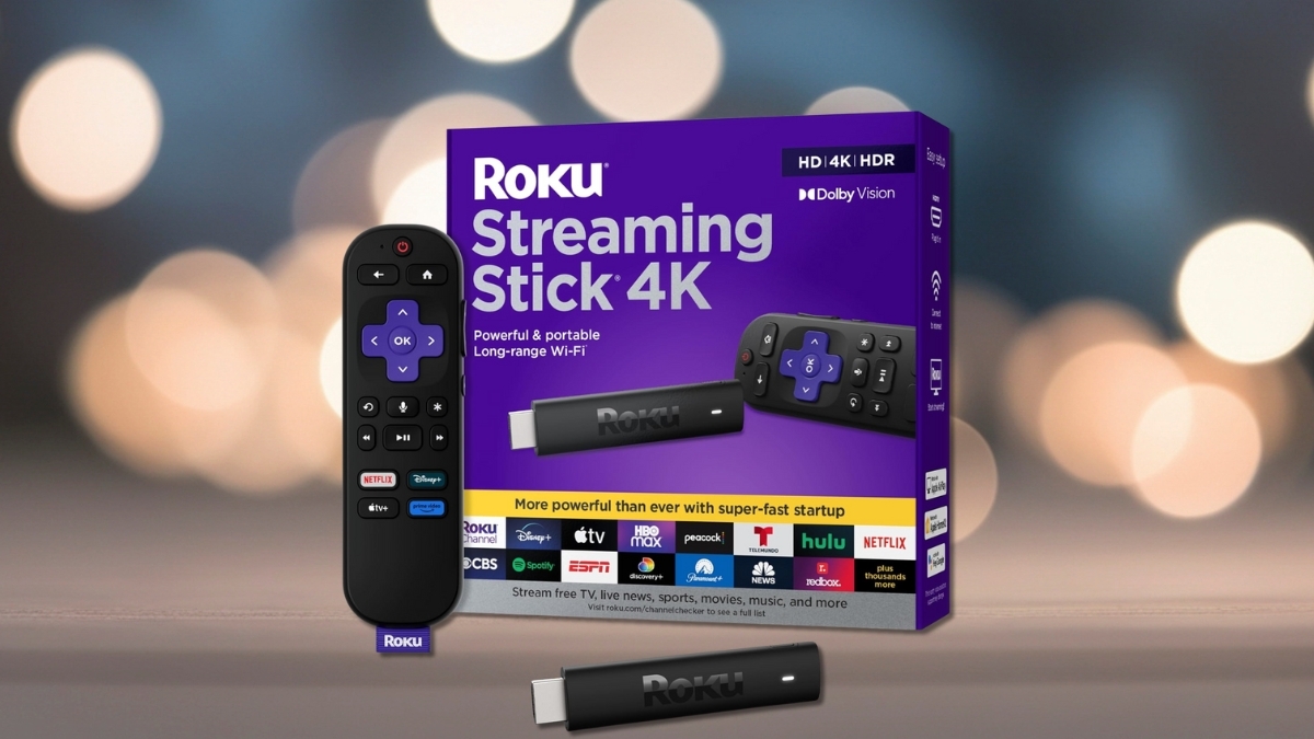 Roku Streaming Stick 4K with voice remote and retail box showing HD 4K HDR and Dolby Vision support, compact streaming device designed for fast Wi-Fi performance and popular streaming apps.