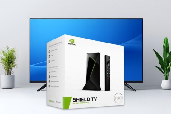 NVIDIA SHIELD Android TV Pro retail box displayed in front of a modern flat-screen TV, showing the streaming device and remote, designed for 4K HDR Android TV streaming and gaming.