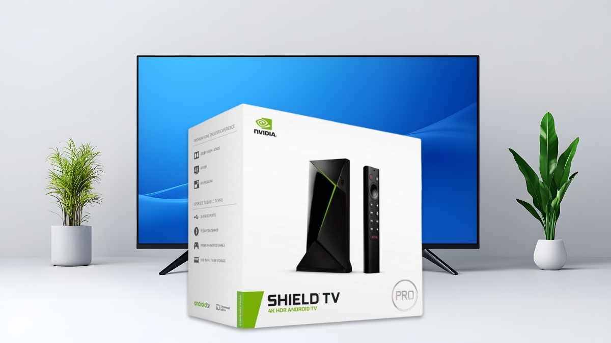 NVIDIA SHIELD Android TV Pro retail box displayed in front of a modern flat-screen TV, showing the streaming device and remote, designed for 4K HDR Android TV streaming and gaming.