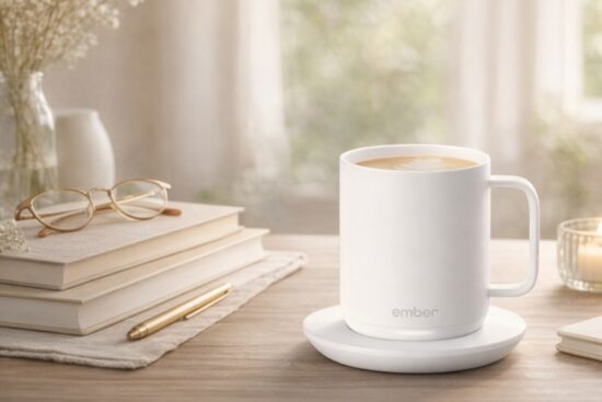 White Ember Temperature Control Smart Mug 2 keeping coffee warm on a minimalist workspace