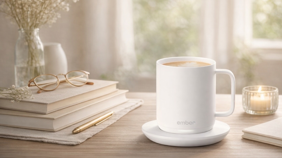 White Ember Temperature Control Smart Mug 2 keeping coffee warm on a minimalist workspace
