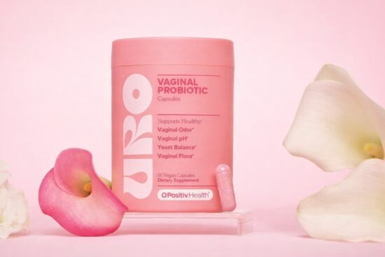 O Positiv URO Vaginal Probiotics bottle with pink packaging and capsule, designed to support vaginal pH balance, odor control, yeast balance, and healthy vaginal flora.