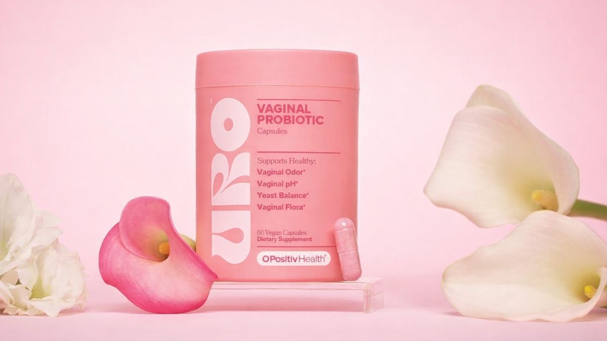O Positiv URO Vaginal Probiotics bottle with pink packaging and capsule, designed to support vaginal pH balance, odor control, yeast balance, and healthy vaginal flora.