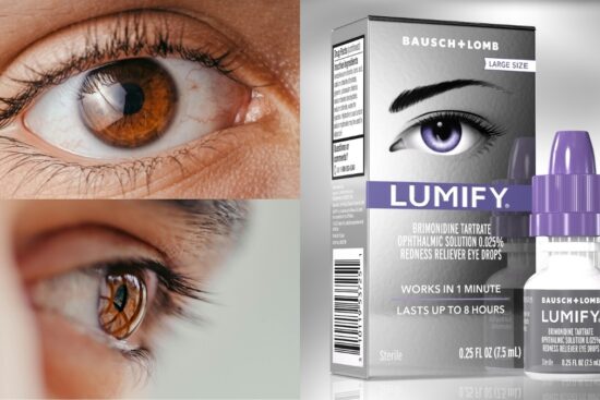 Close-up of a clear brown eye next to LUMIFY Eye Drops packaging by Bausch + Lomb, showing redness relief eye drops designed to reduce eye redness in one minute and last up to eight hours.