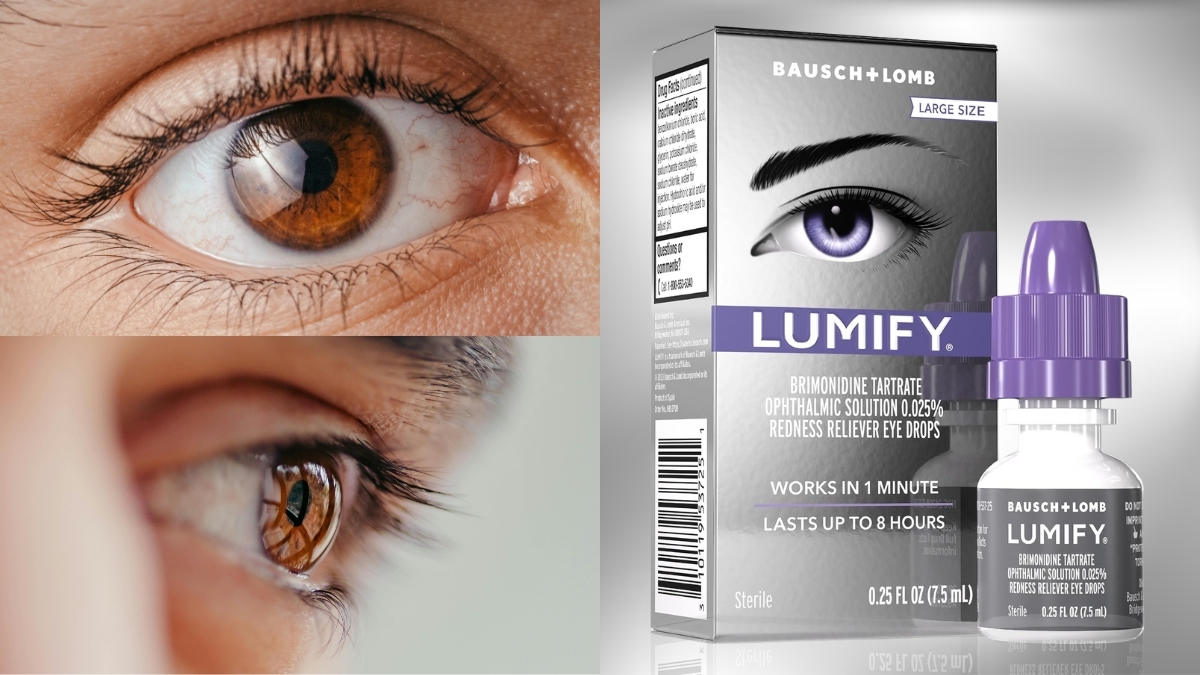 Close-up of a clear brown eye next to LUMIFY Eye Drops packaging by Bausch + Lomb, showing redness relief eye drops designed to reduce eye redness in one minute and last up to eight hours.
