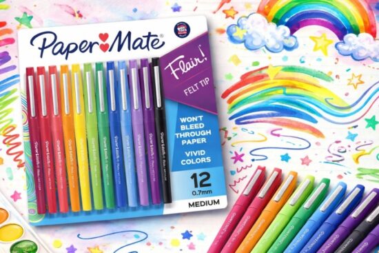 Paper Mate Flair Felt Tip Pens 12-count pack displayed with vibrant rainbow colors, medium 0.7mm felt tips, and colorful artwork showing smooth writing and creative design uses.
