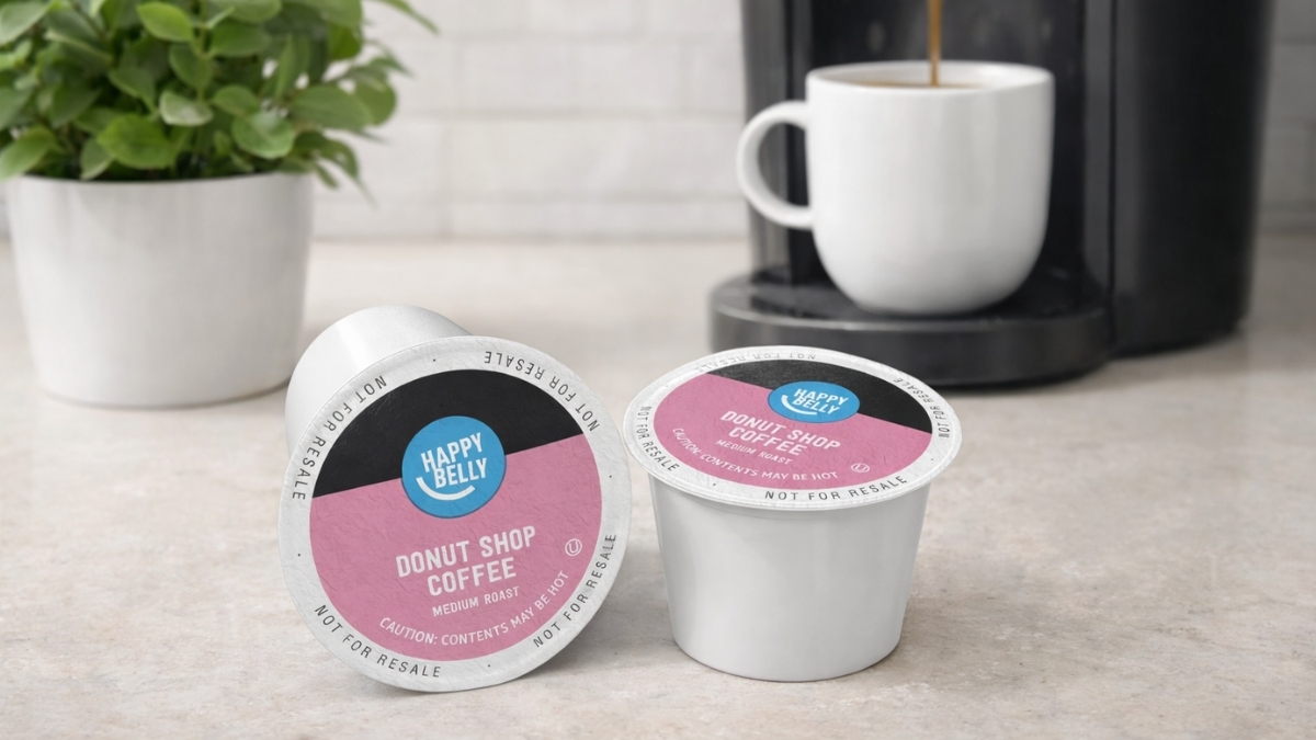 Happy Belly Medium Roast Coffee Pods in Donut Shop flavor next to a Keurig coffee machine with a freshly brewed cup on a kitchen counter