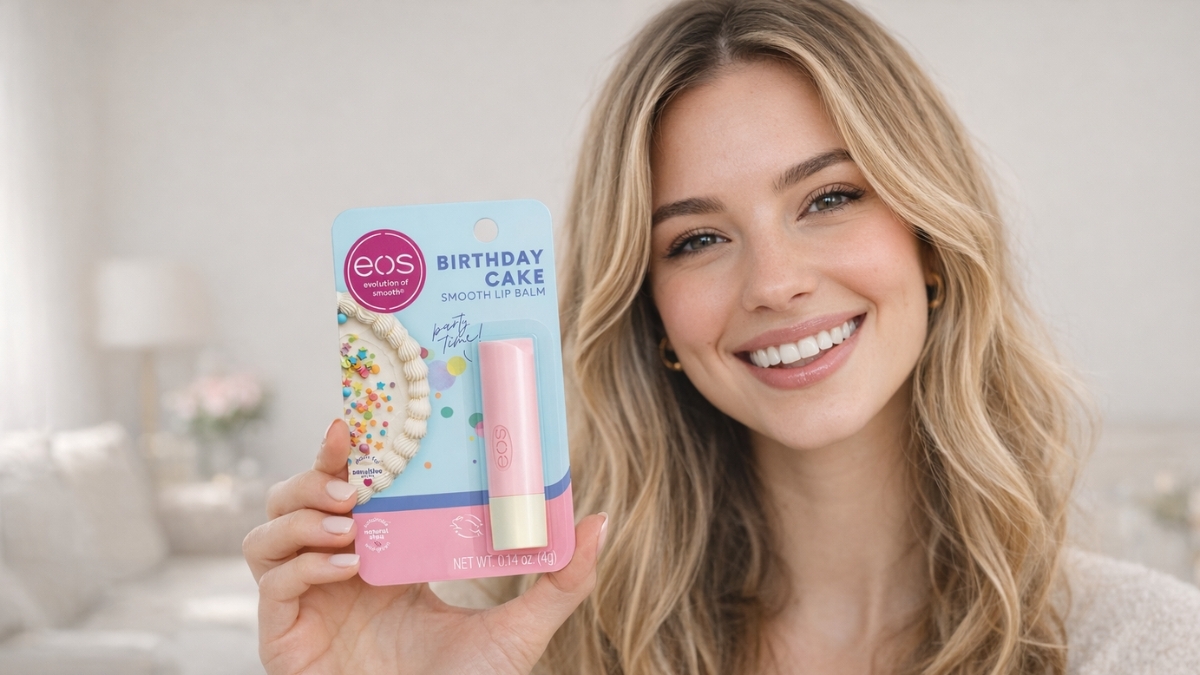 Smiling woman holding EOS Birthday Cake Smooth Lip Balm in pink packaging, showing the birthday cake–inspired lip balm designed for moisturizing and everyday lip care.