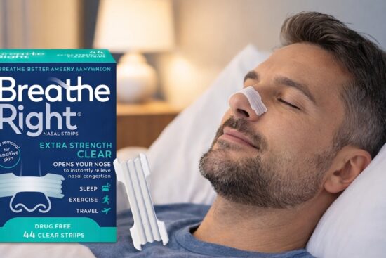 Man wearing Breathe Right Nasal Strips Extra Strength Clear while sleeping comfortably