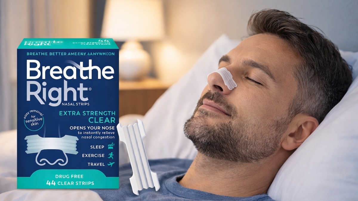 Man wearing Breathe Right Nasal Strips Extra Strength Clear while sleeping comfortably