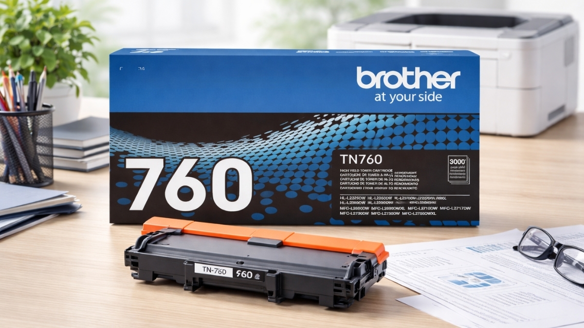 Brother Genuine TN760 high-yield black toner cartridge with retail box on office desk
