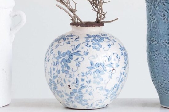 Creative Co-Op DF2720 Terracotta Vase: Vintage Floral Transferware with Crackle Finish