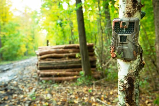 Hunter setting up Cabela's trail cameras for deer scouting season