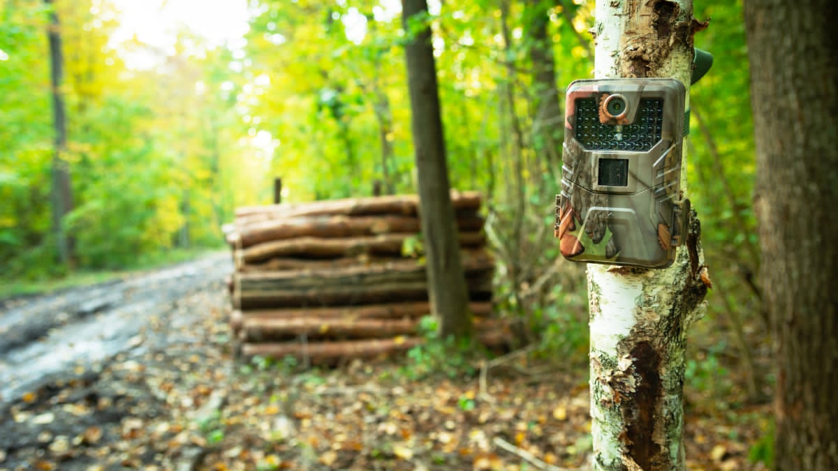 Hunter setting up Cabela's trail cameras for deer scouting season